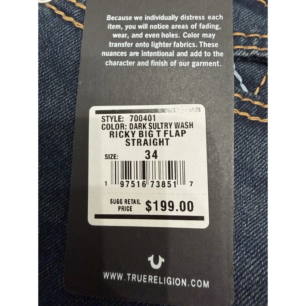 True Religion Mens Ricky Big T Flap Straight Dark Sultry Wash Size 34X30 NWT